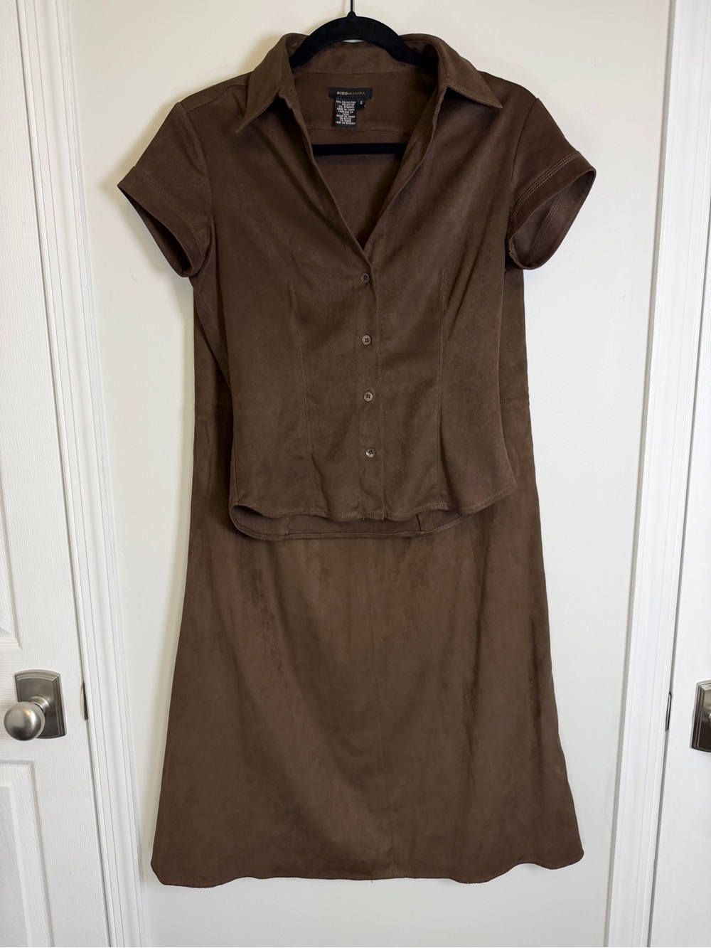 VINTAGE 90s INSANE BCBGMAXAZRIA Brown Faux Suede 2-Piece Skirt Set 6 Small Y2K